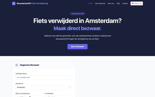Screenshot van de website Bezwaarschrift fietsverwijdering
