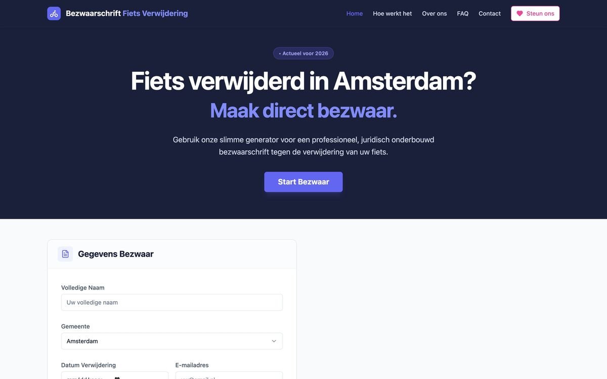 De homepage van Bezwaarschrift fietsverwijdering
